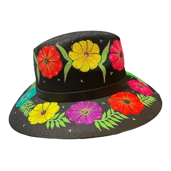 HAT MEXICAN Artisanal Hand Painted Fedora Floral Sombrero Panama Bohemian Black main image 10